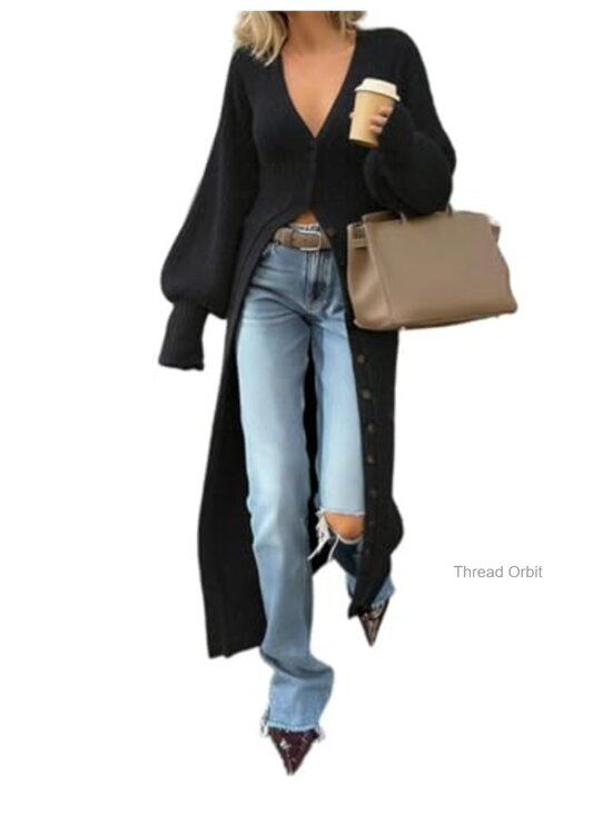 Sweaters - Chunky Knit V-Neck Button Down Long Cardigan Sweater Dress